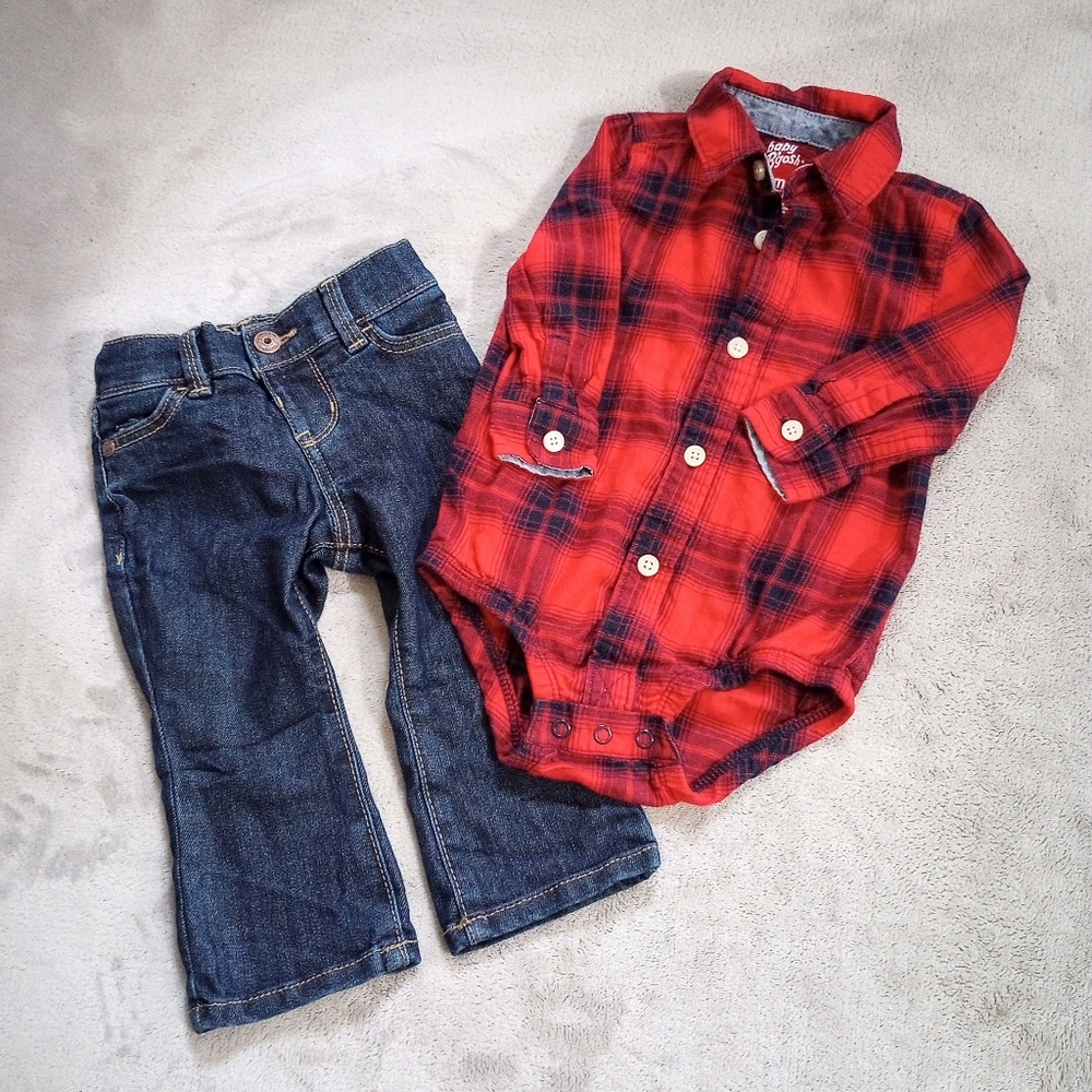 OshKosh Baby B'gosh Buffalo Plaid Lumberjack Onesie Jeans Outfit 9 M